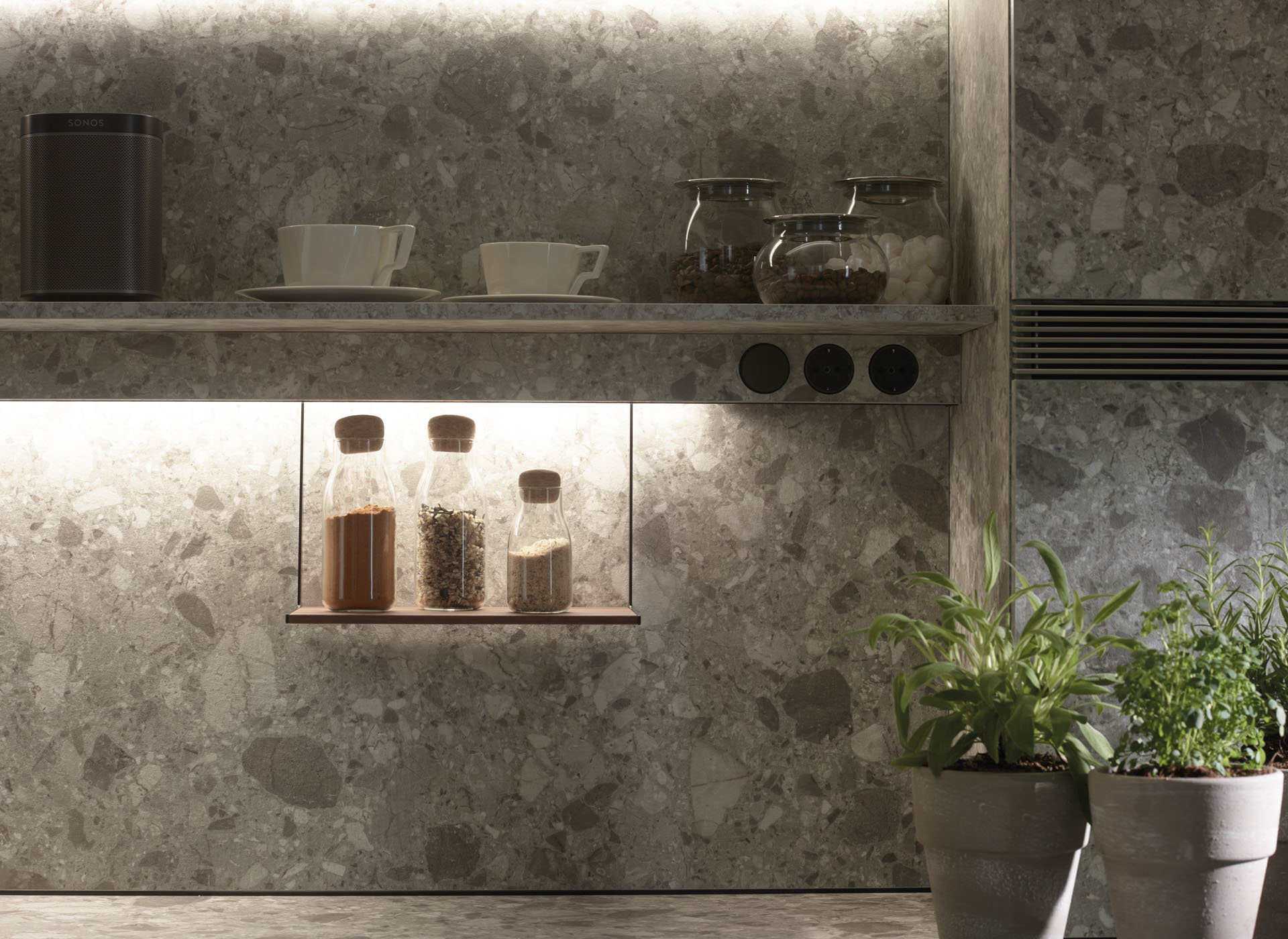 Estante multiusos de madera en cocina lineal