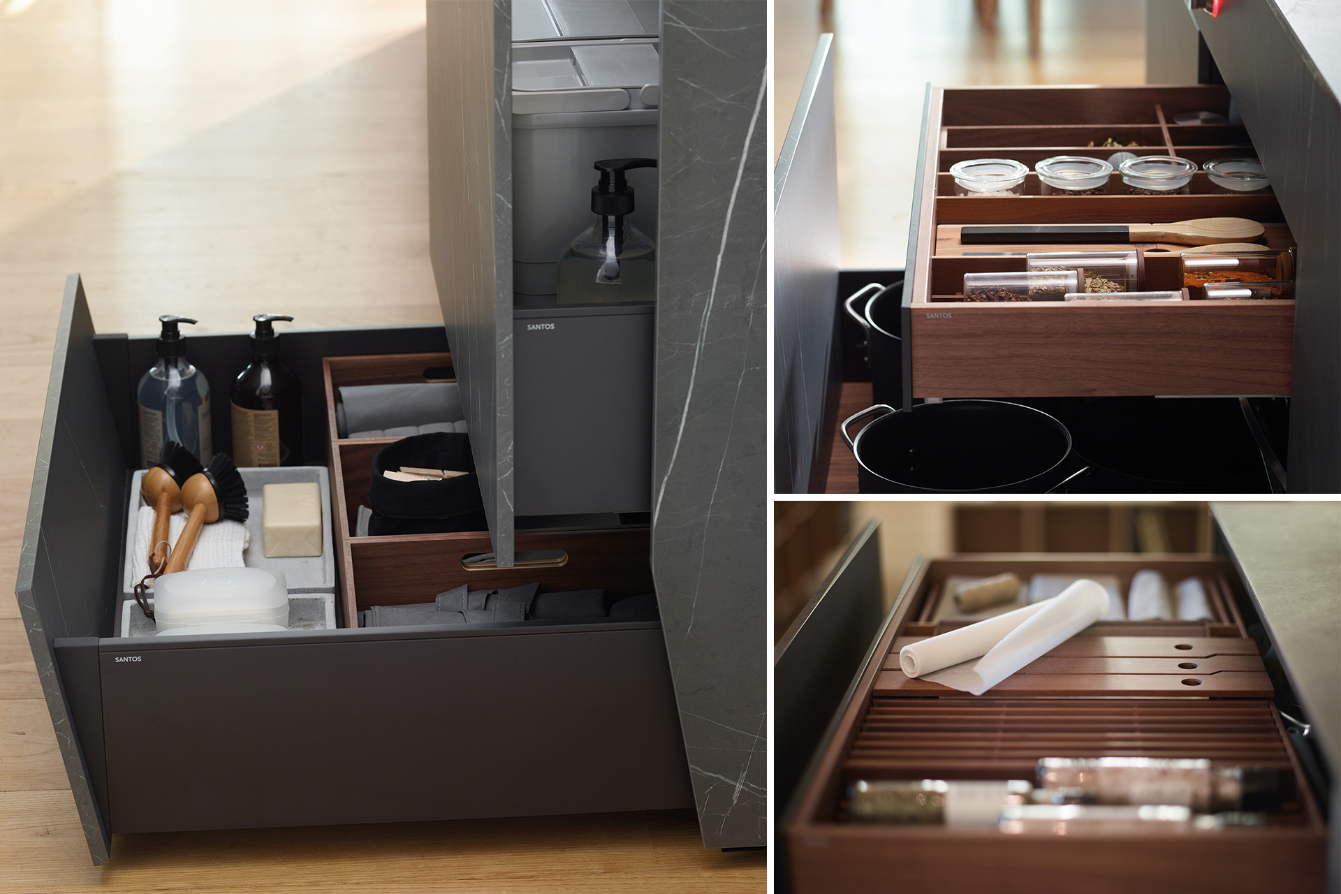Black kitchen with island that opens into the living room and dining room, fitted with new cabinets designed by Santos
