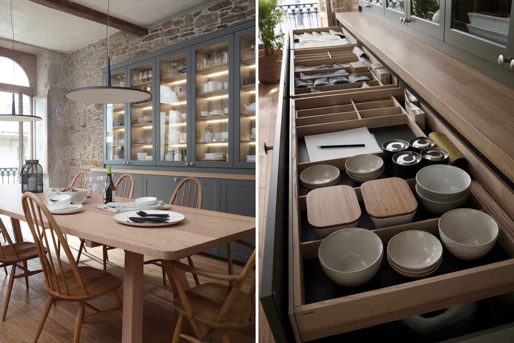 Cocina con isla y aparador abierta al comedor, equipada con muebles diseñados por Santos