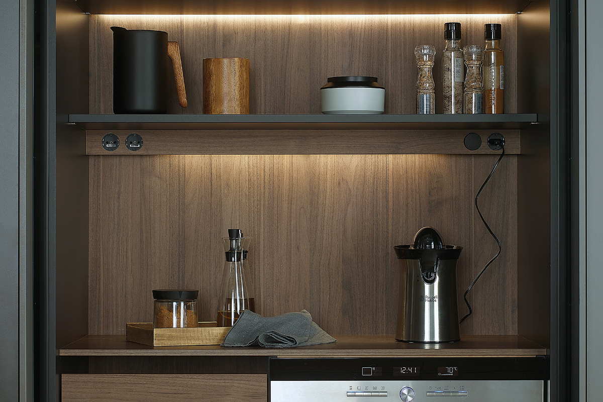 Kitchen shelves with interior lighting