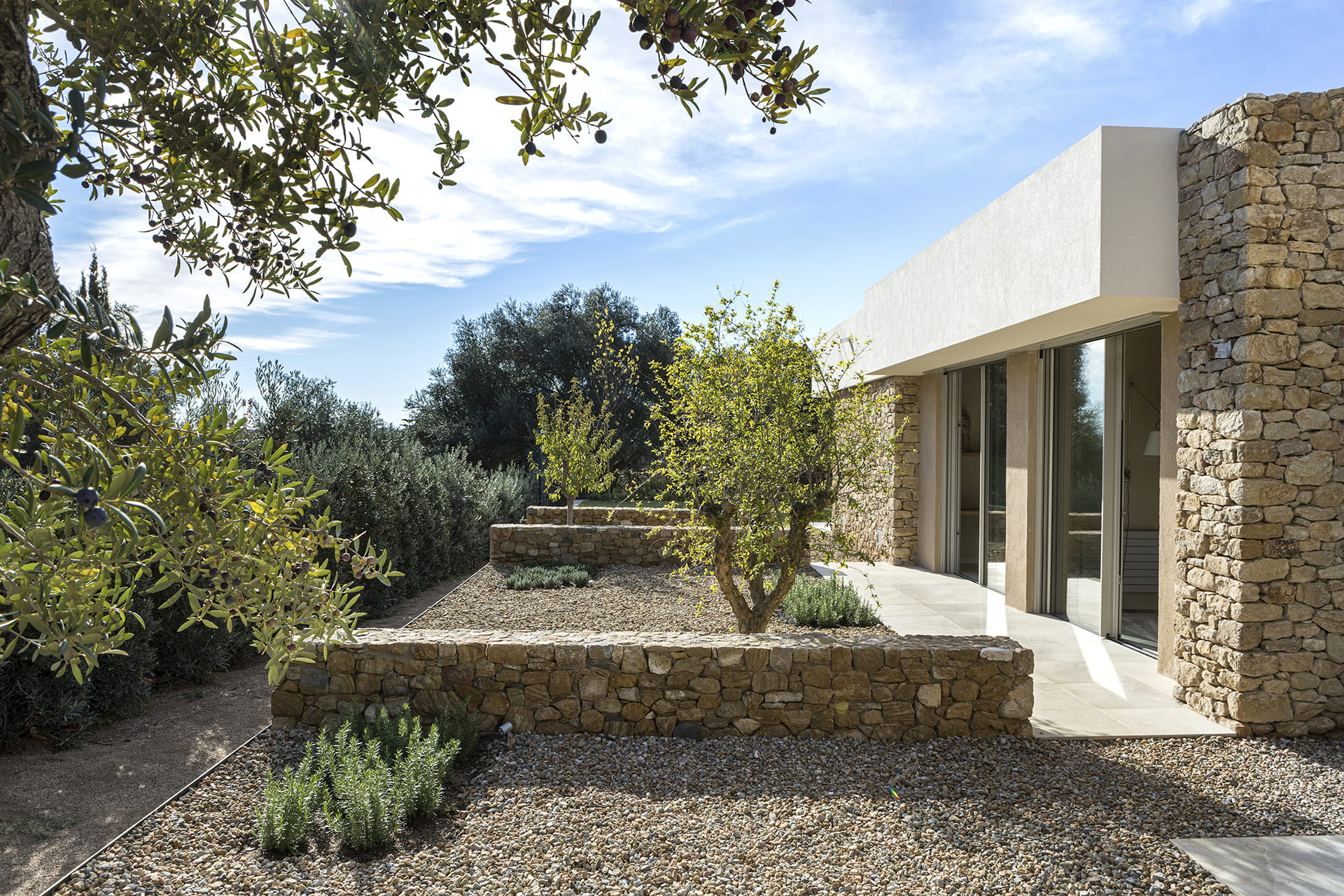 Serene binnenplaats met steen en beplanting