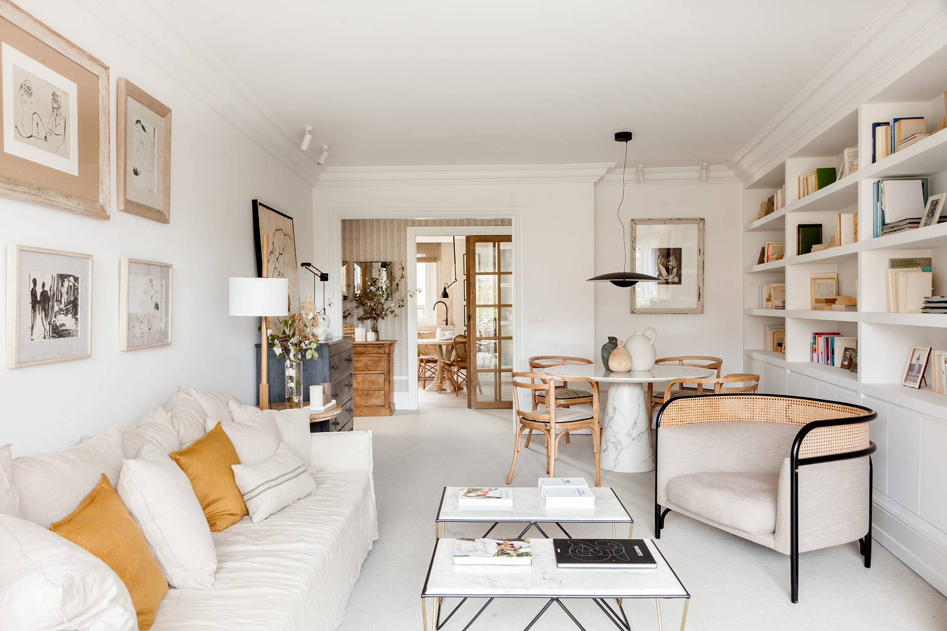 White and wood living and dining room
