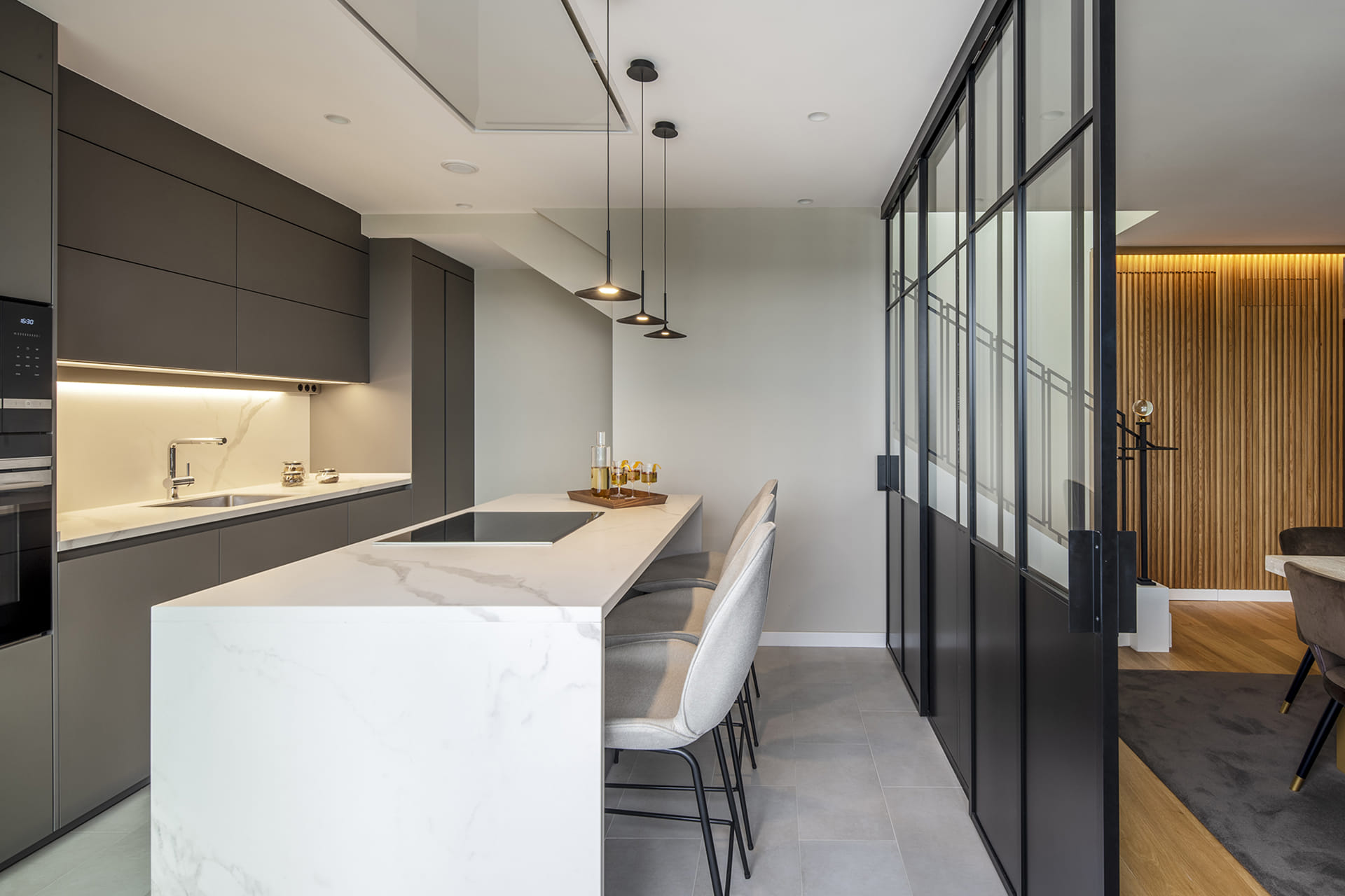 Grey Santos kitchen with white island