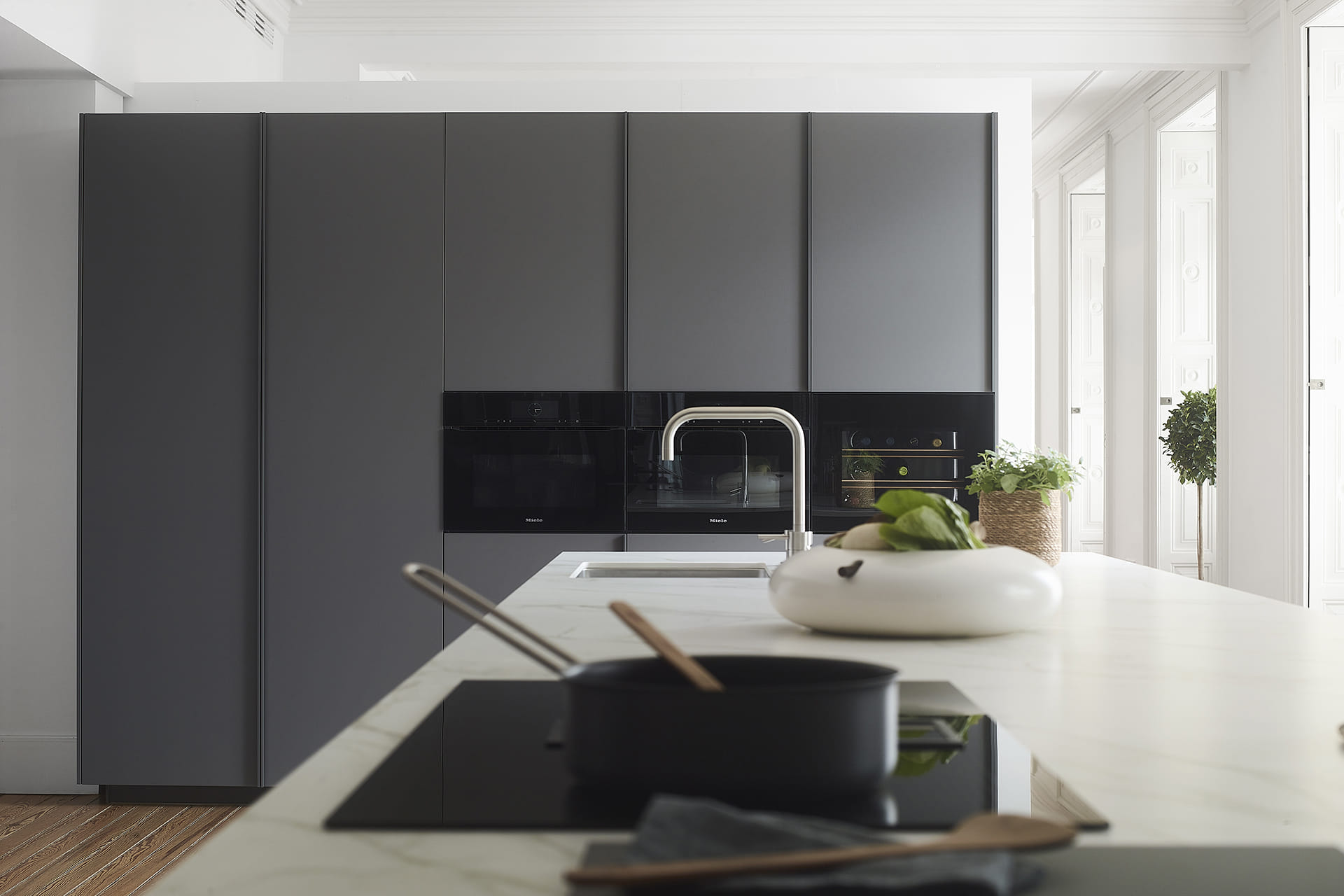 Cuisine avec armoire colonne et appareils électroménagers intégrés
