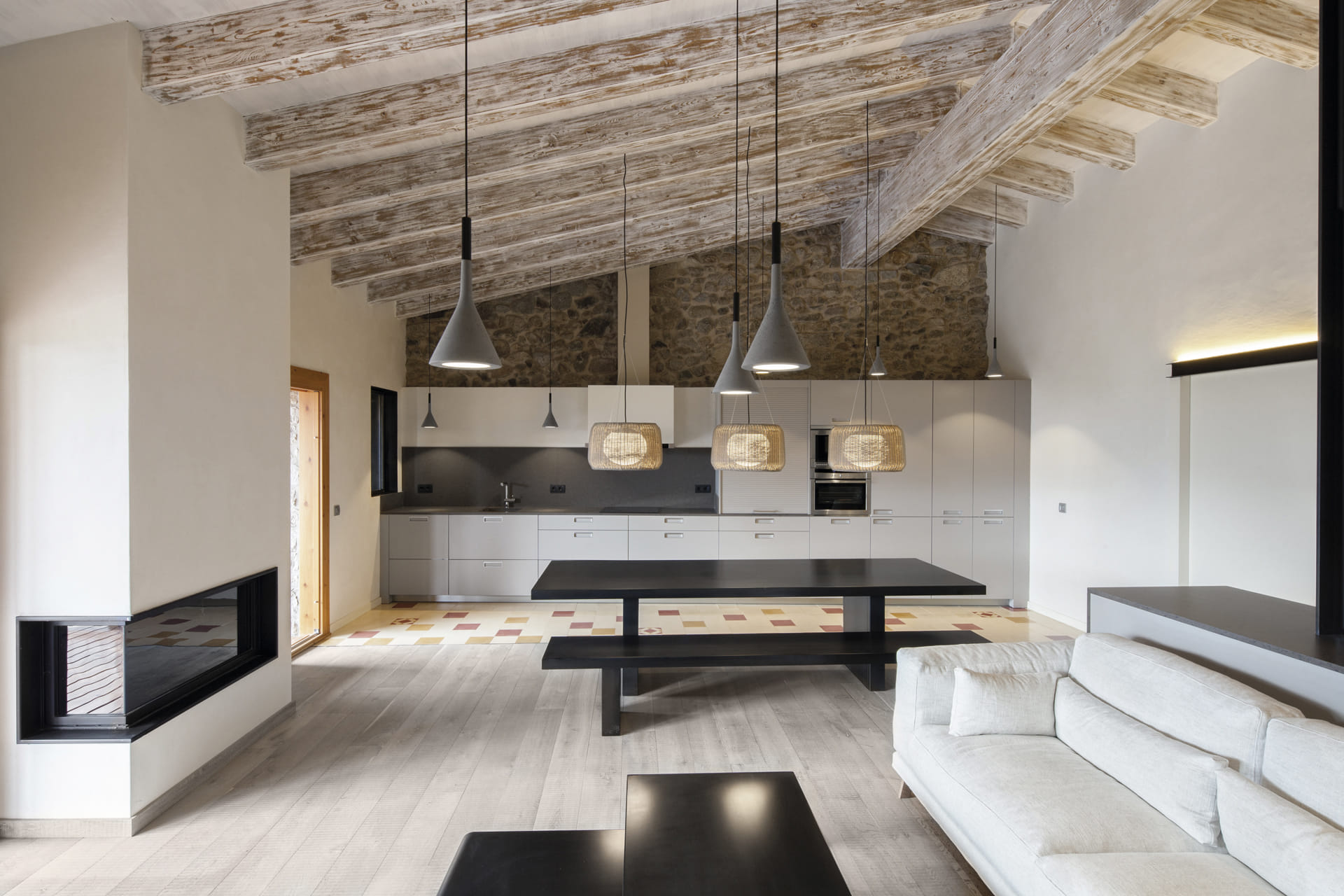 Santos kitchen in sand grey open to the living room