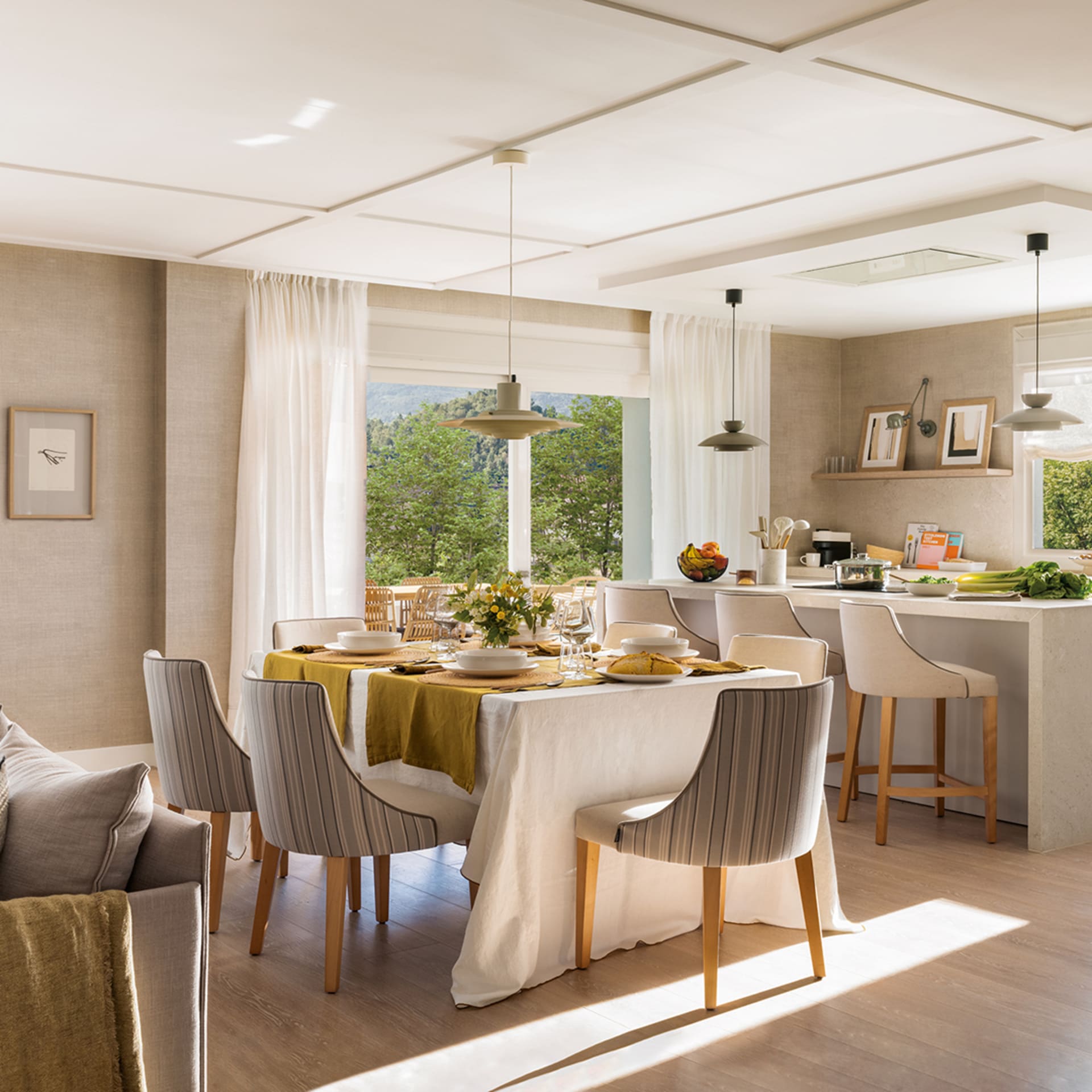 Bright Santos kitchen open to the living-dining room