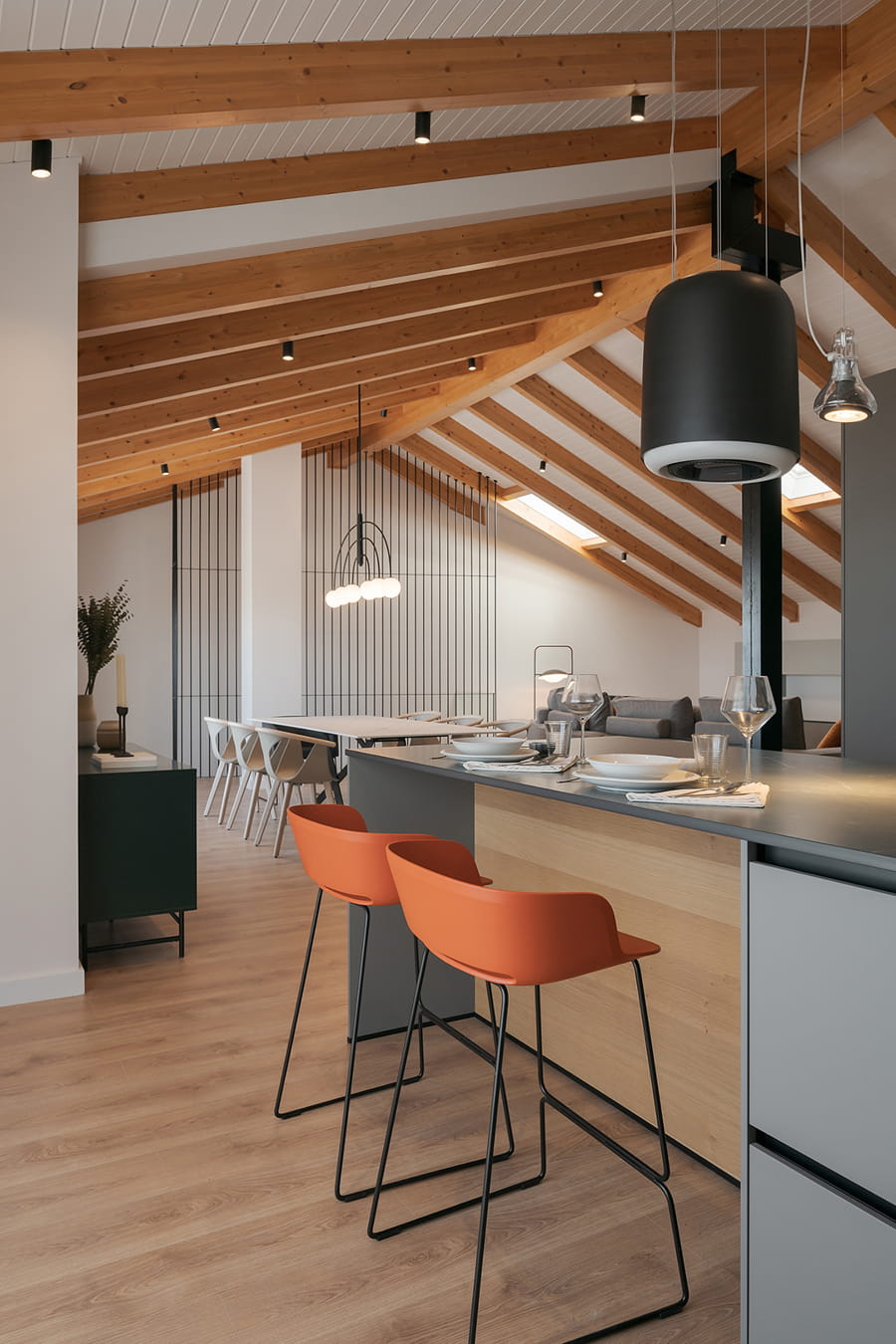Grey and oak wood kitchen with centre island, open to the lounge/diner, Santos.