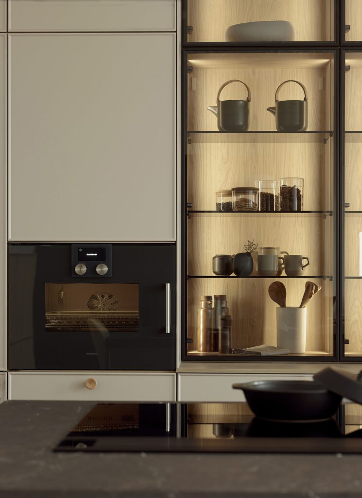 Armário coluna porta forno Santos e vitrina com iluminação e interior em madeira