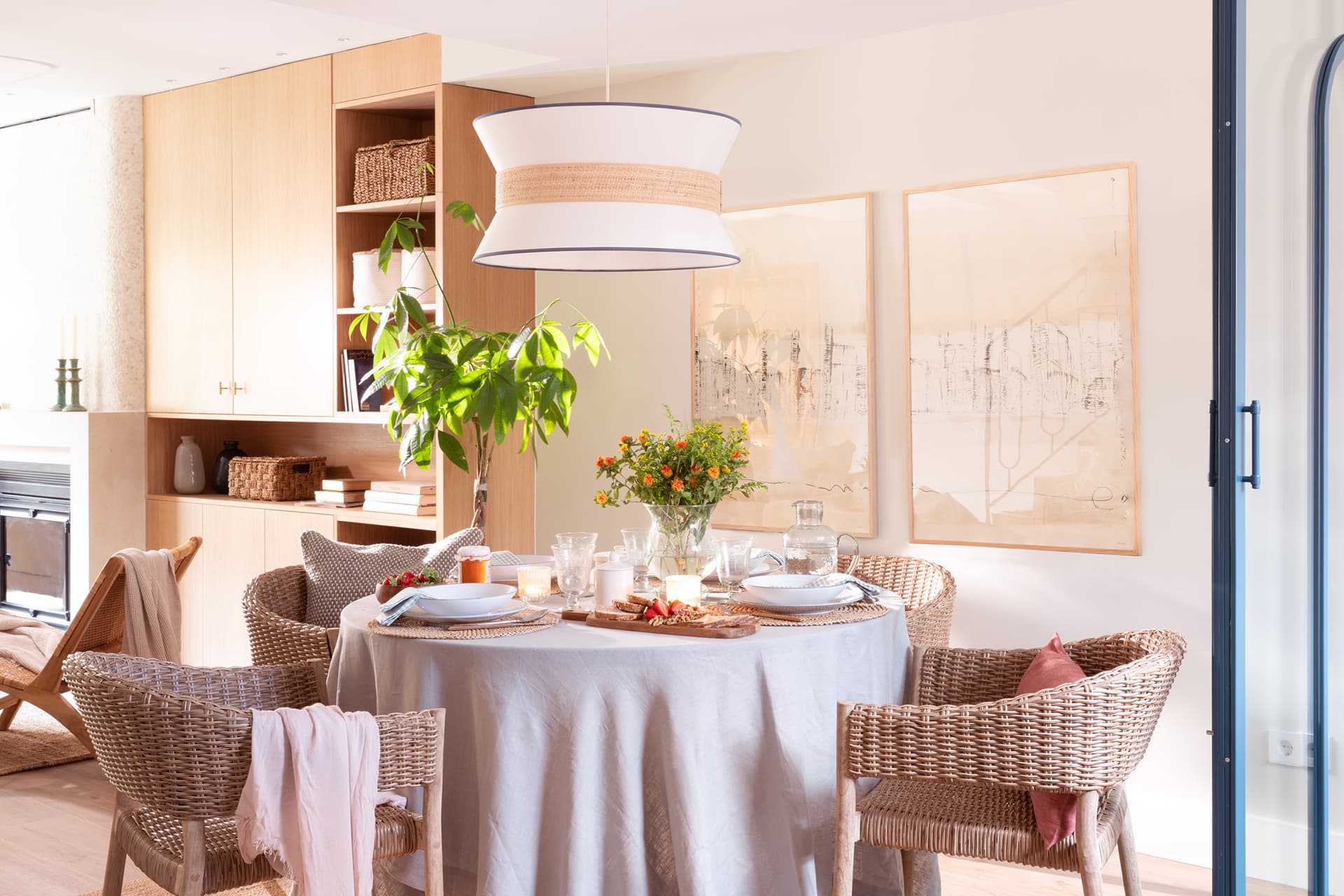 View of the diner of a Cosmos Blue Silk Matt kitchen by Santos Kitchens.