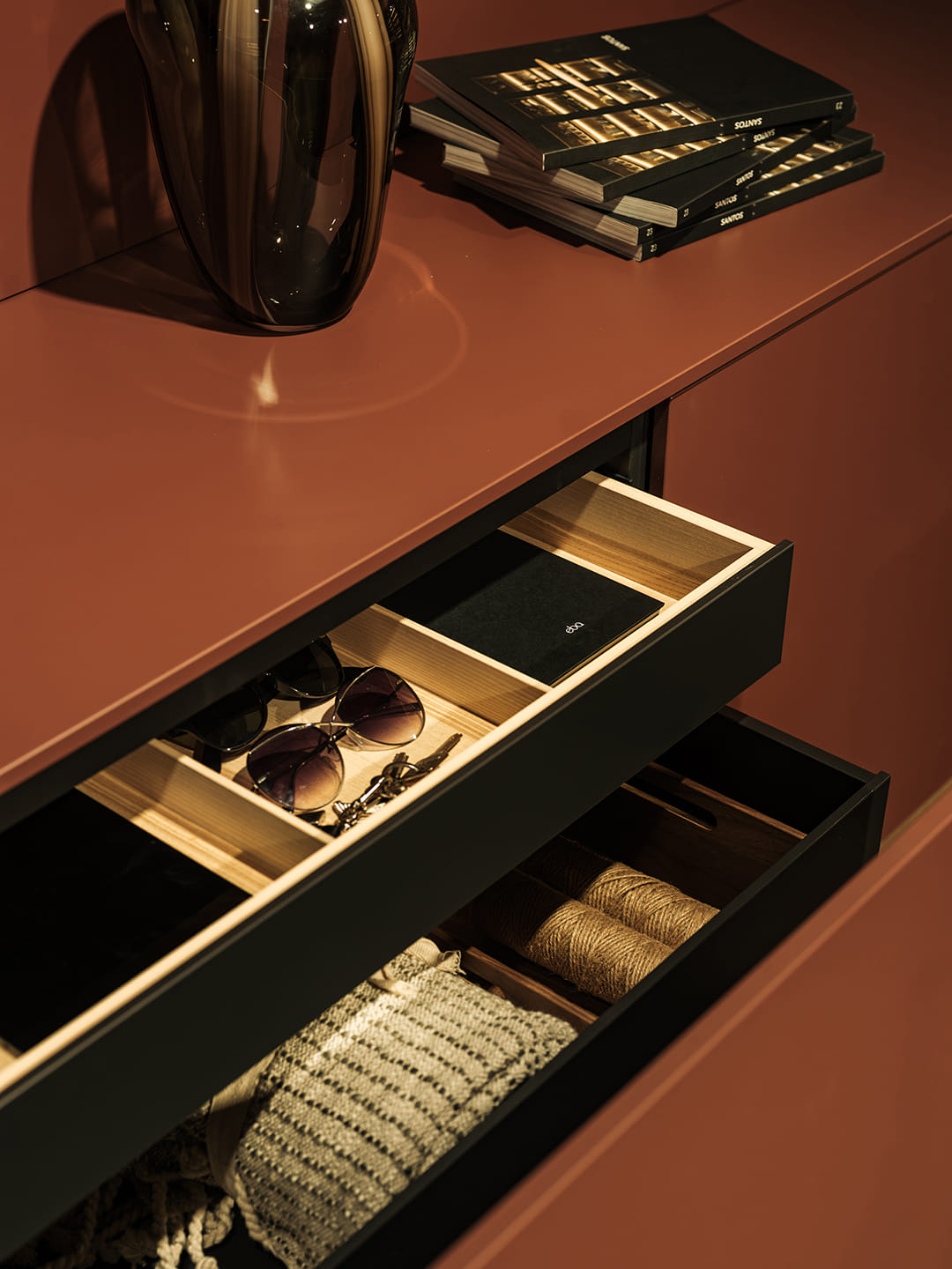Close-up of the drawers in the lounge at the Santos Kitchens showroom in Riyadh.