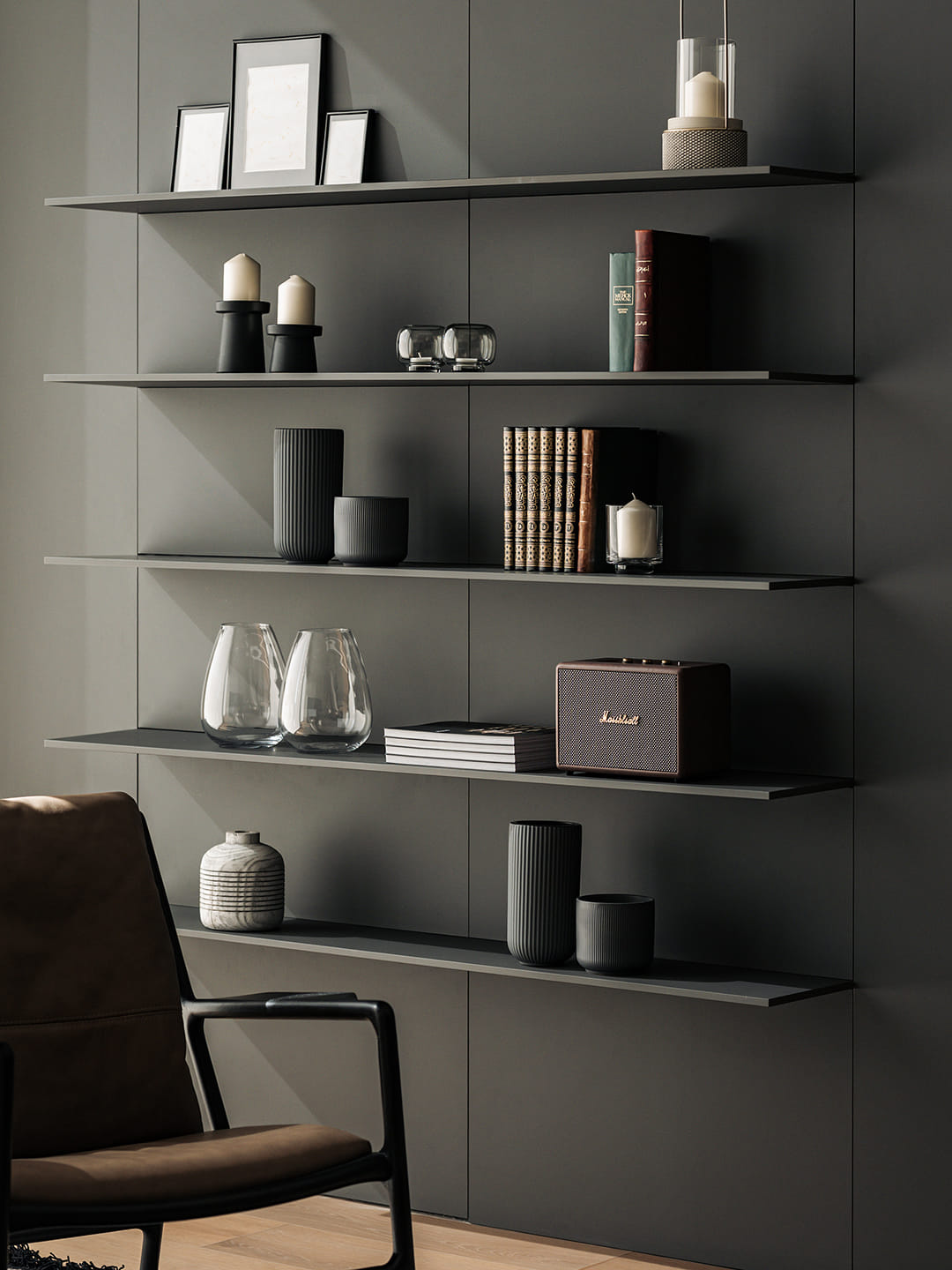 Wall-mounted shelves in Silk Black by Santos Kitchens.
