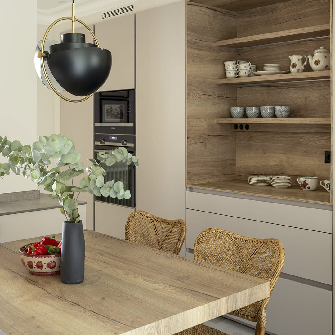 Detalle de mesado y armarios de cocina en acabado Roble Rústico de Santos.